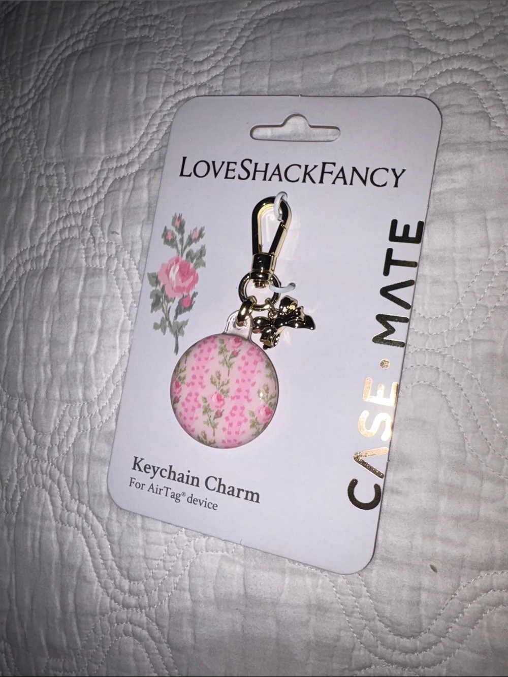 LoveShackFancy Pink Floral Keychain Charm with Gold Hardware